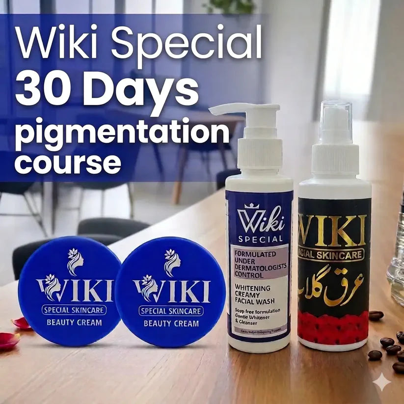 Wiki Special 30-day pigmentation course skincare bundle with cream, Face wash, and rose water.