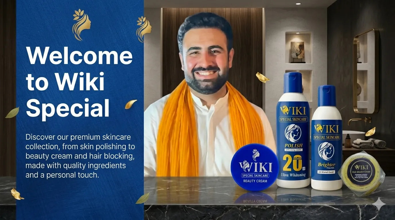 Advertisement for Wiki skincare products with a owner in a yellow scarf and bottles on a counter.